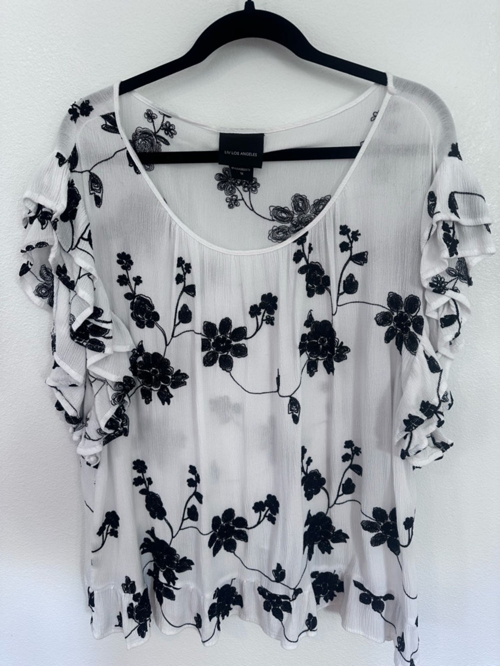 Liv Los Angeles White Blouse with Black Floral Embroidery
